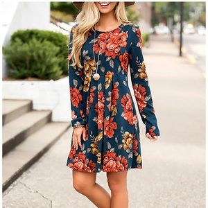 Floral Print Long Sleeve Swing TShirt Tunic Dress